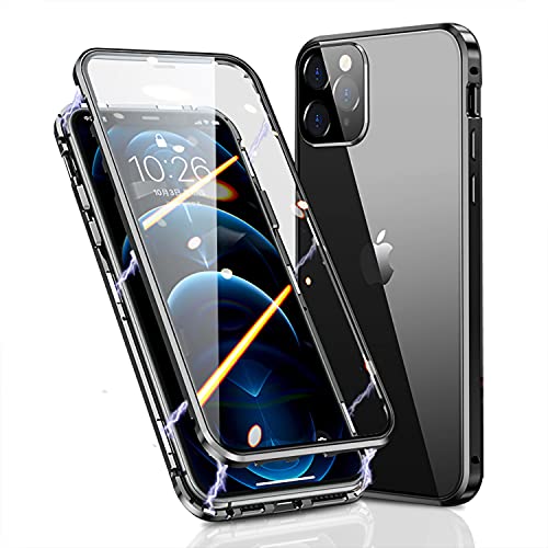 Funda iPhone 12 Pro MAX Magnética Carcasa,Transparente Vidrio Templado Case con Protector Cámara,360° Anti-choques Marco Metal con Cerradura Seguridad,Protector Doble Estuche para 12 Pro MAX,Negro