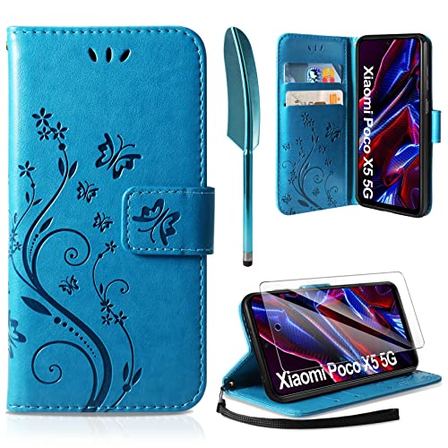 AROYI Funda Compatible con Xiaomi Poco X5 5G y Protector de Pantalla, Relieve Dibujo Carcasa de Tipo Libro Soporte Plegable Ranuras para Tarjetas Magnético Carcasa Case,Azul